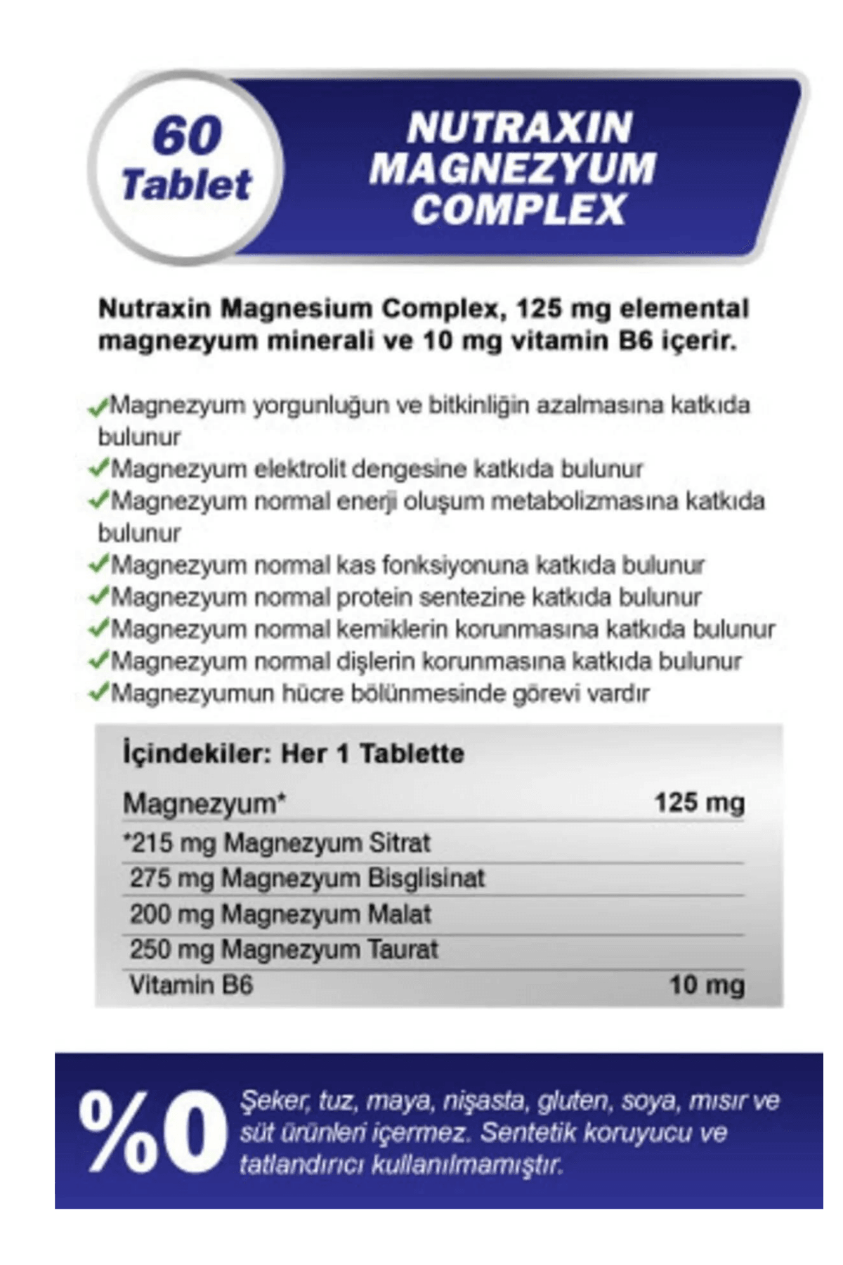 Nutraxin Magnesium Complex + Vitamin B6 (Sitrat, Glisinat, Malat, Taurat) 60 Tablet