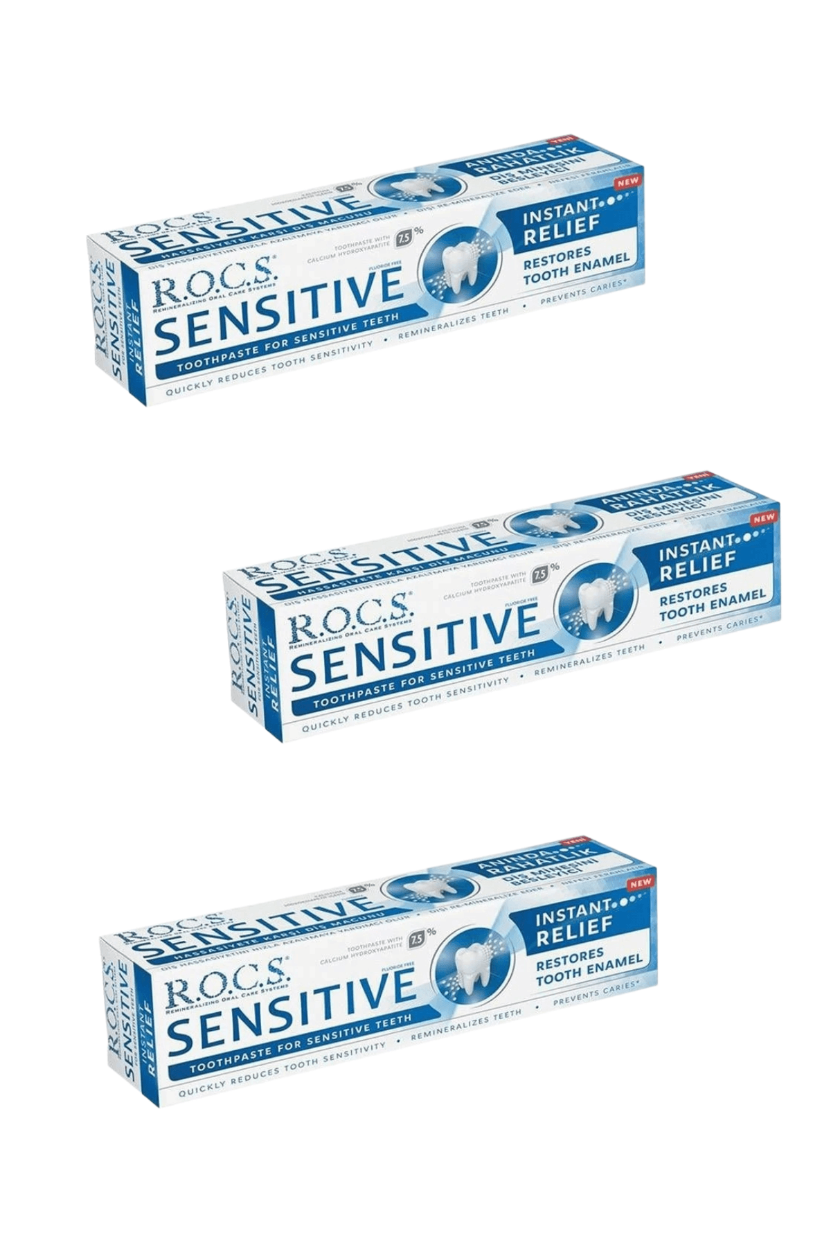Rocs Sensitive Instant Relief Hassasiyete Karşı Diş Macunu (Florürsüz) 75ml x 3 Adet