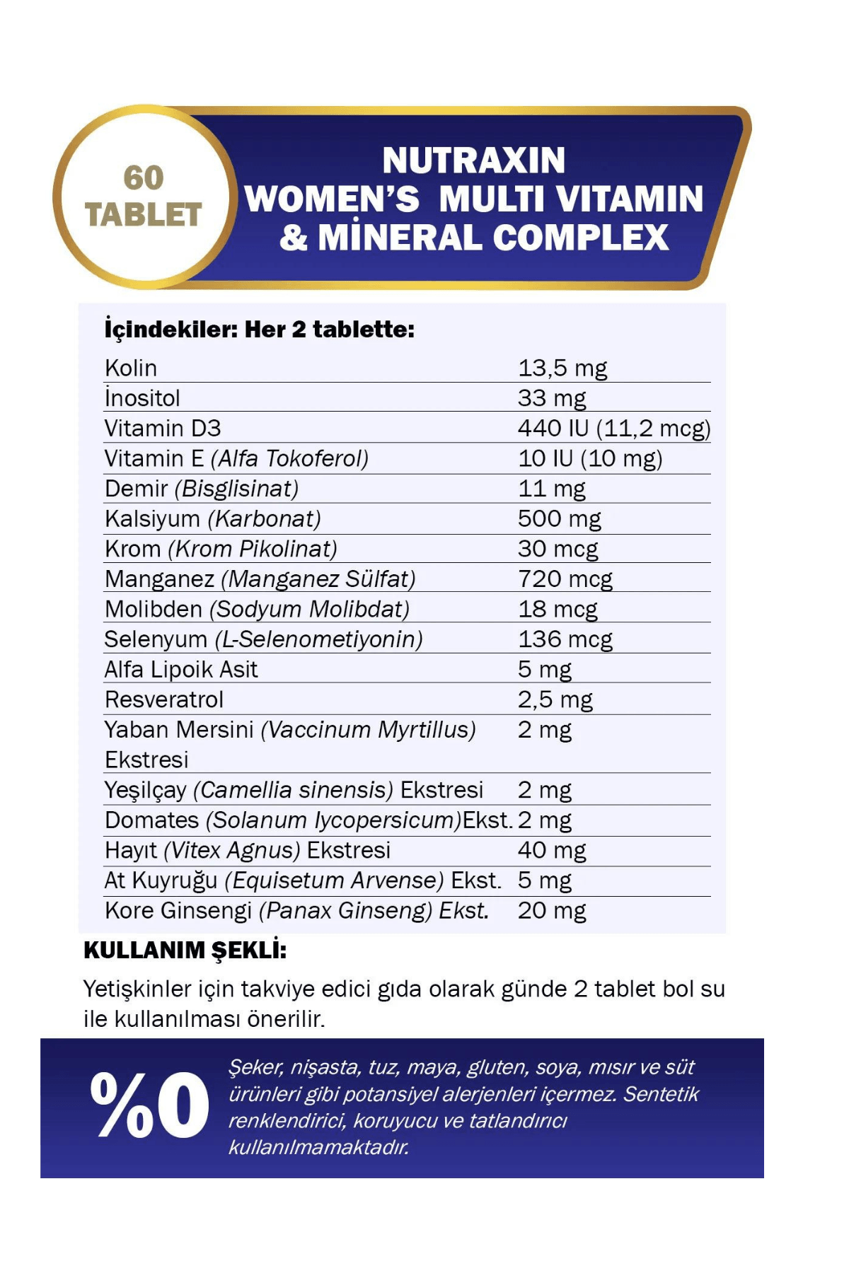 Nutraxin Womens (Kadın) Multi Vitamin Complex 60 Tablet