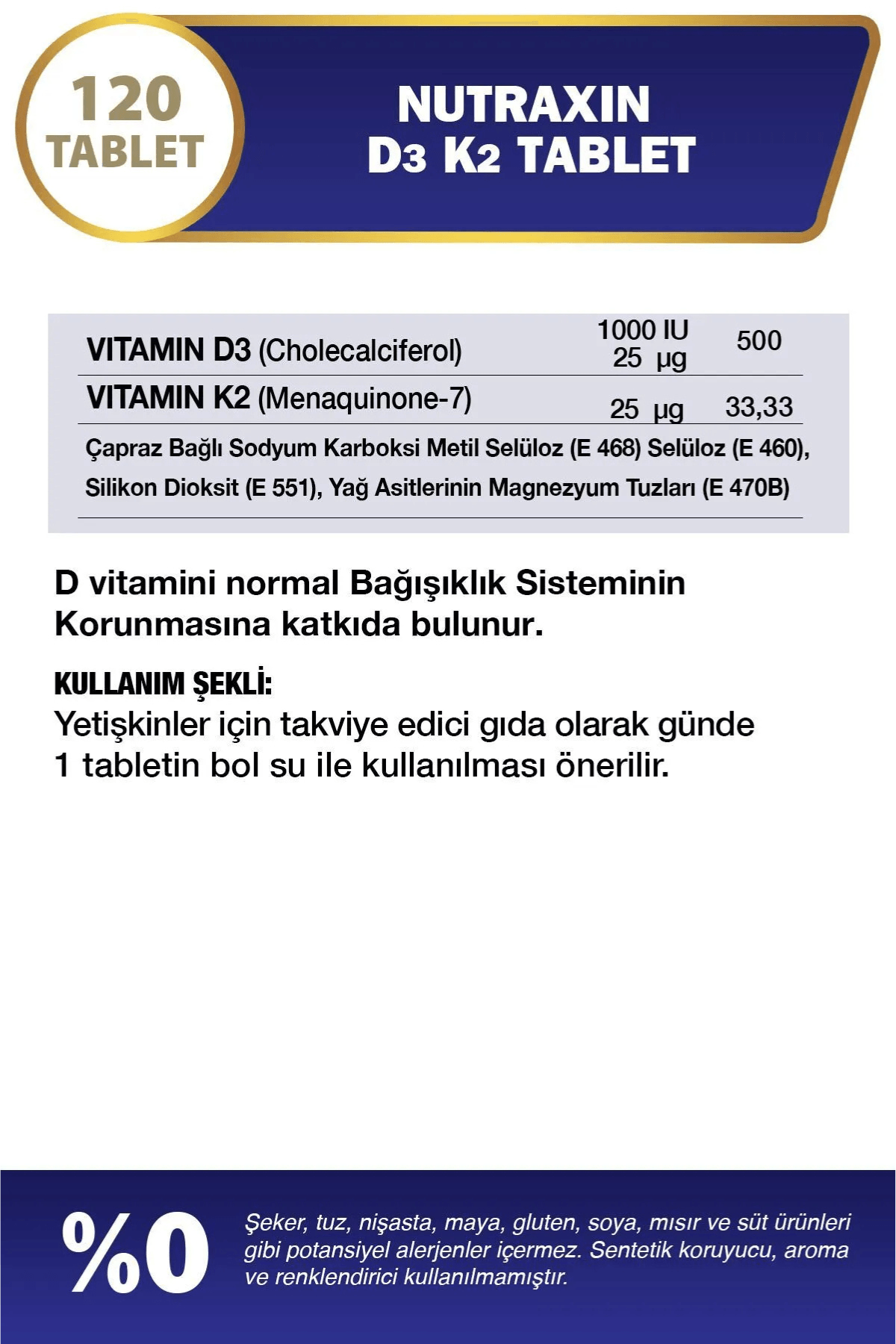 Nutraxin Vitamin D3 K2 Vitamini İçeren Takviye Edici Gıda 120 Tablet