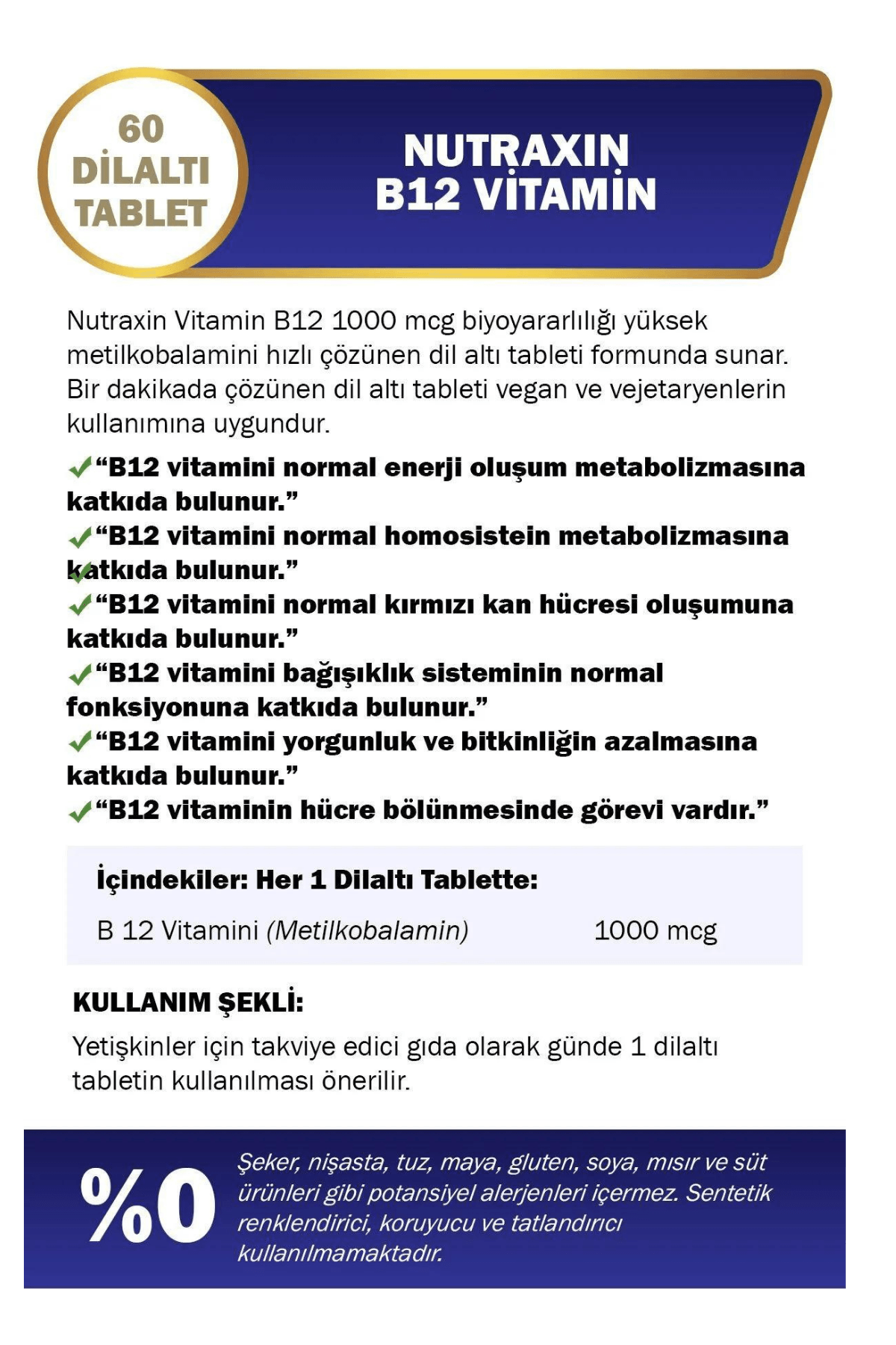 Nutraxin Vitals B12 (1000 Mc-Dil Altı) Vitamin 60 Tablet