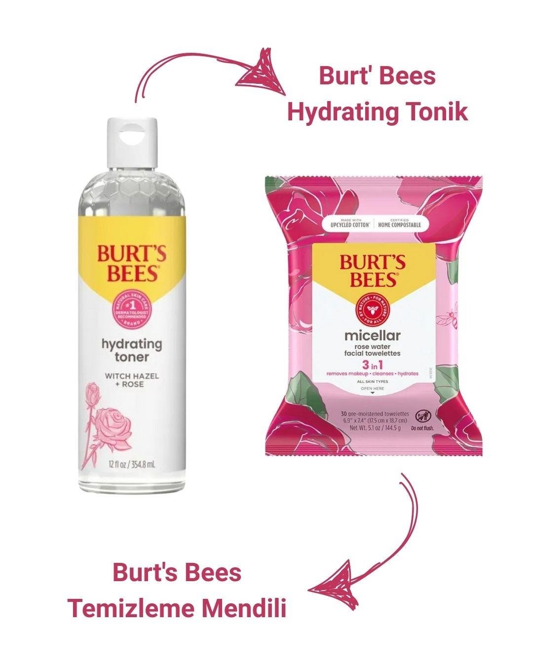 Burt' Bees Hydrating Cadı Fındığı ve Gül ile Nemlendirici Tonik + Burt's Bees Temizleme, Makyaj Çıkarıcı Havlular