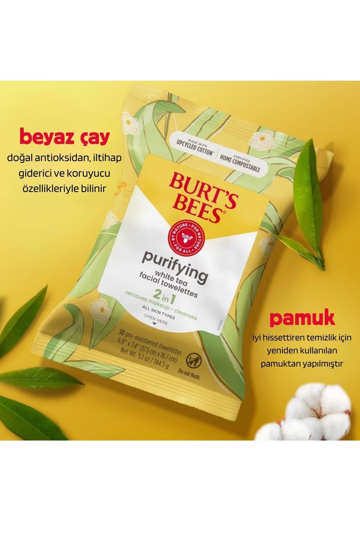 Burt's Bees Facial Cleansing Towelettes with White Tea Beyaz Çaylı (Tüm Cilt Tipleri İçin, %99 Doğal Kökenli) Yüz Temizleme Mendili 30 Adet 5.1oz 144.5 gr
