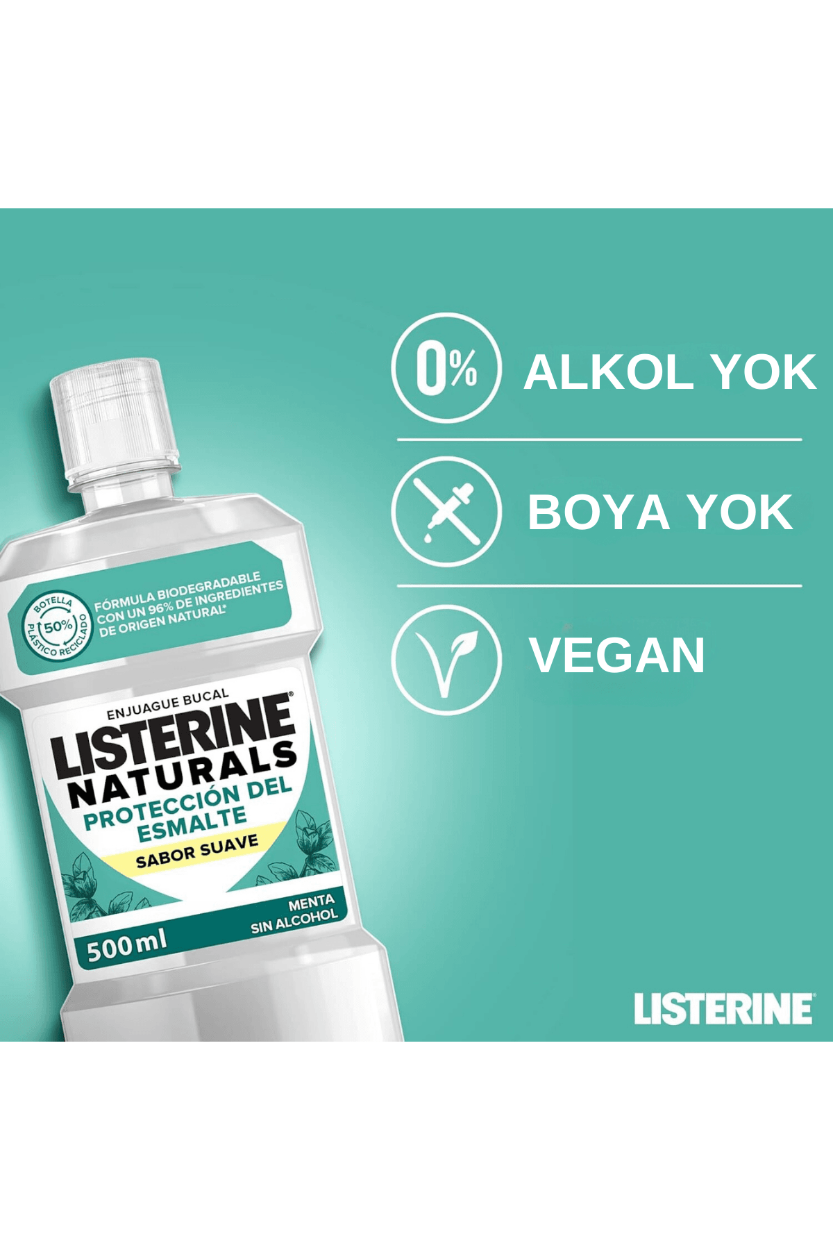 LISTERINE Naturals Emaye Koruma Hafif Lezzet Nane (Alkol veya Boya Yok, Vegan ) 500ml