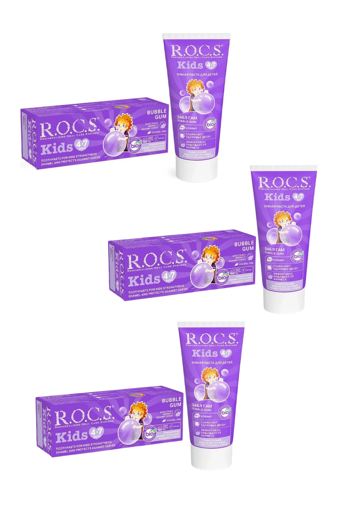 ROCS Kids 4-7 Yaş Meyveli Çocuk Diş Macunu (Balon Sakızı) 35ml x 3 Adet
