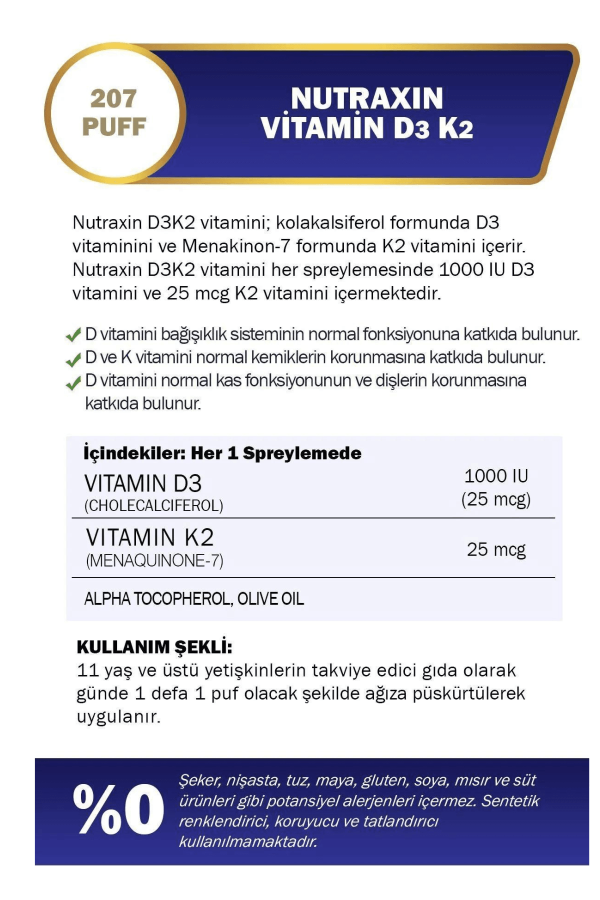 Nutraxin D3K2 - Gıda Takviyesi Sprey (207 Puf) 30ml