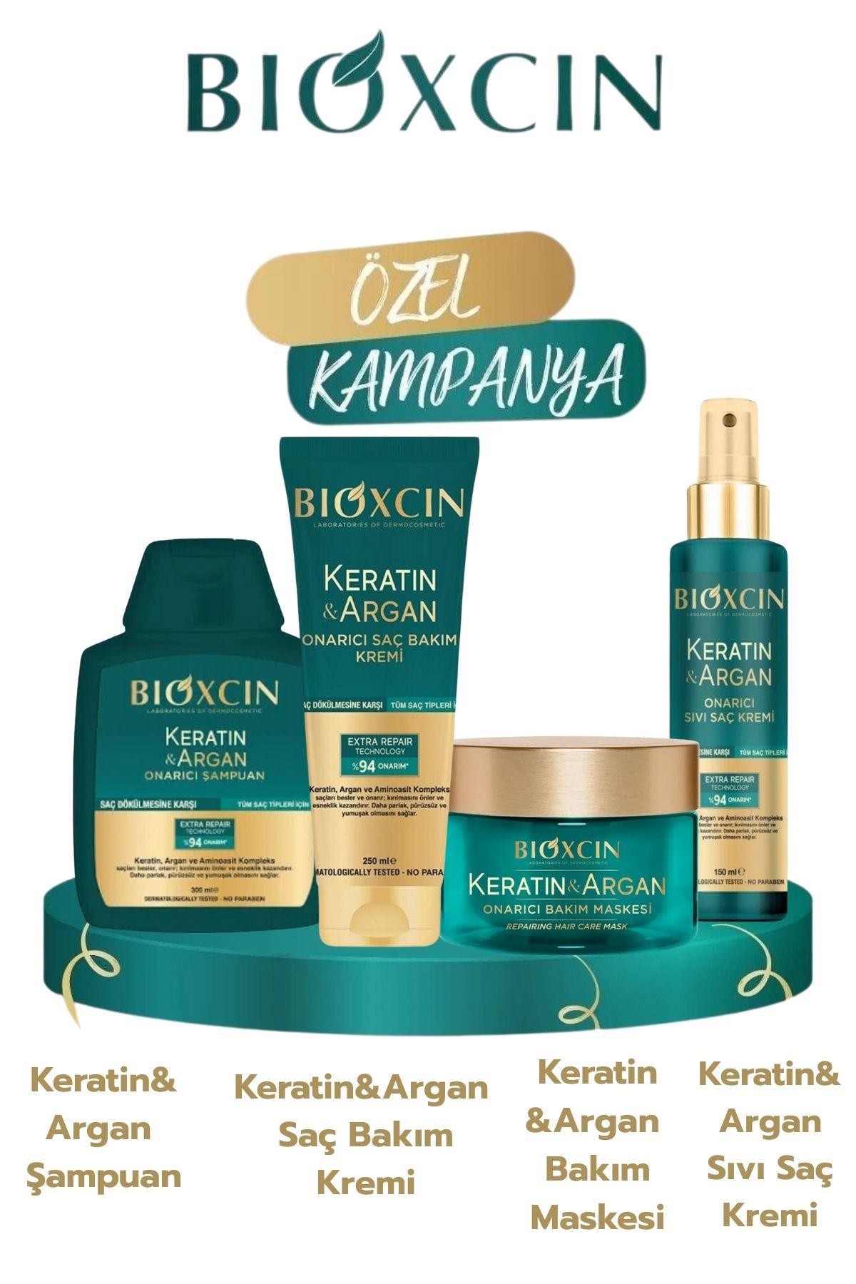 Bioxcin Keratin&Argan Şampuan+Saç Bakım Kremi+Onarıcı Saç Maskesi+Sıvı Saç Kremi  4'lü Set