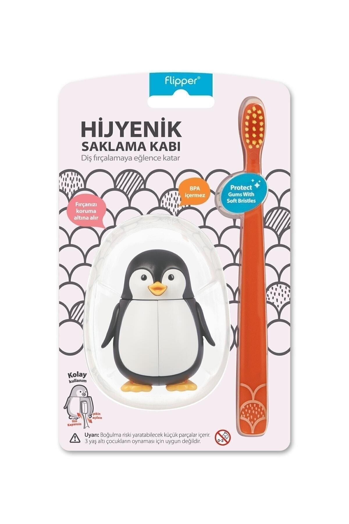 Hijyenik Fun Animal Saklama Kabı Ve Çocuk Diş Fırçası Seti - Penguen Figürlü