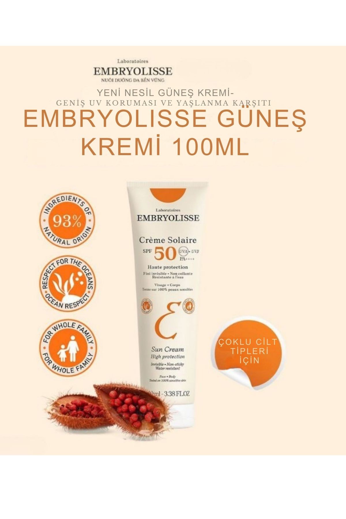 Embryolisse Creme Solaire (Tüm Aile İçin Uygun, Vegan) Spf 50 Güneş Kremi 100 ml