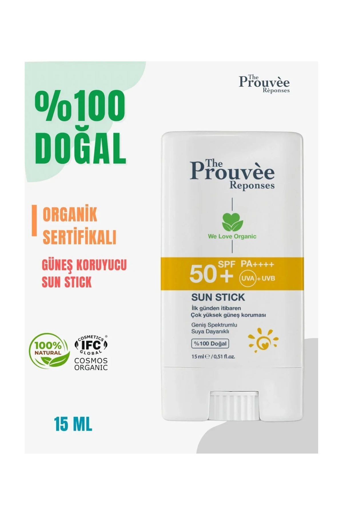 The Prouvee Reponses %100 Doğal 50+SPF (Organik) Güneş Stick 15ml 