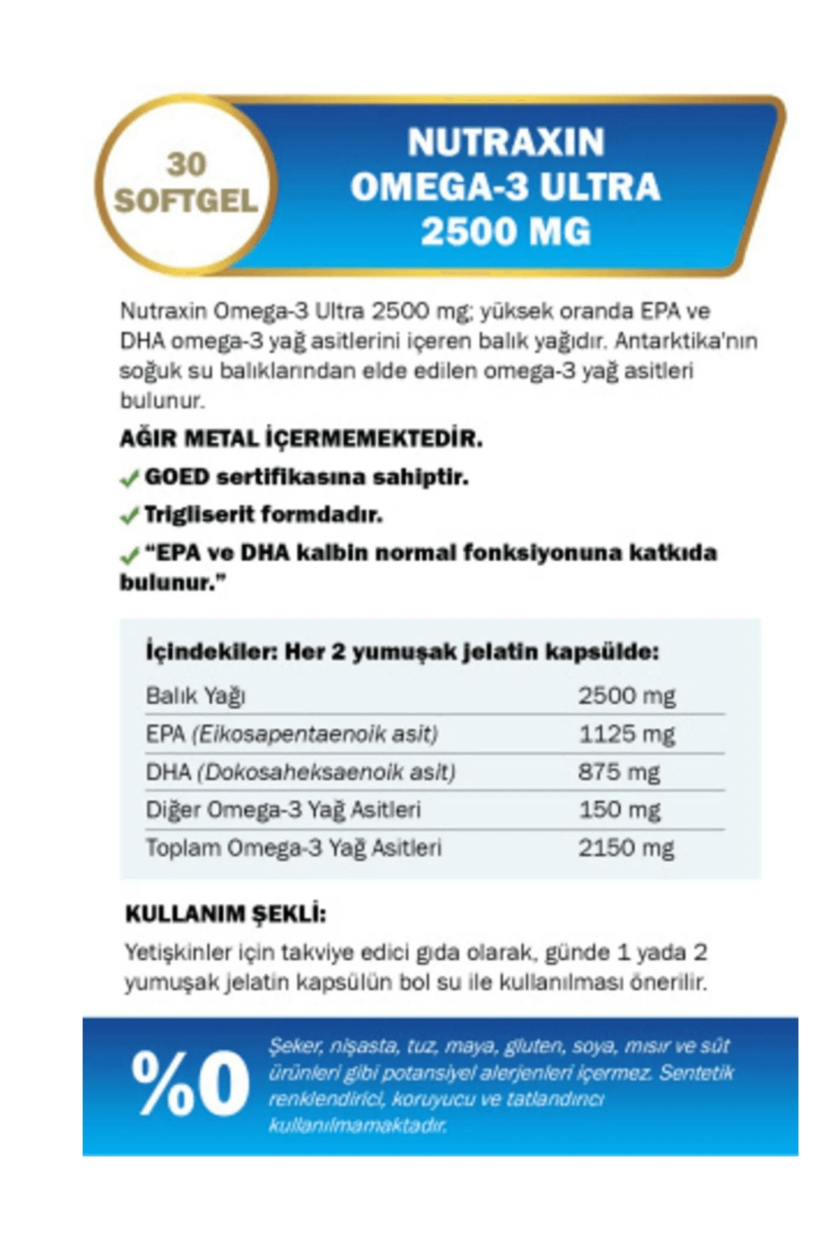Nutraxin Omega-3 Ultra 2500 mg 30 Yumuşak Kapsül