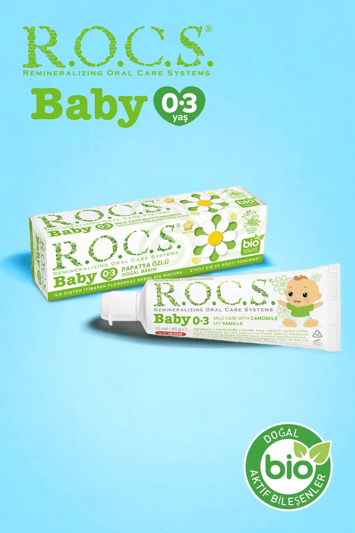 ROCS Baby 0-3 Yaş Diş Macunu Florürsüz (Yutulabilir) - Papatya Özlü 35ml