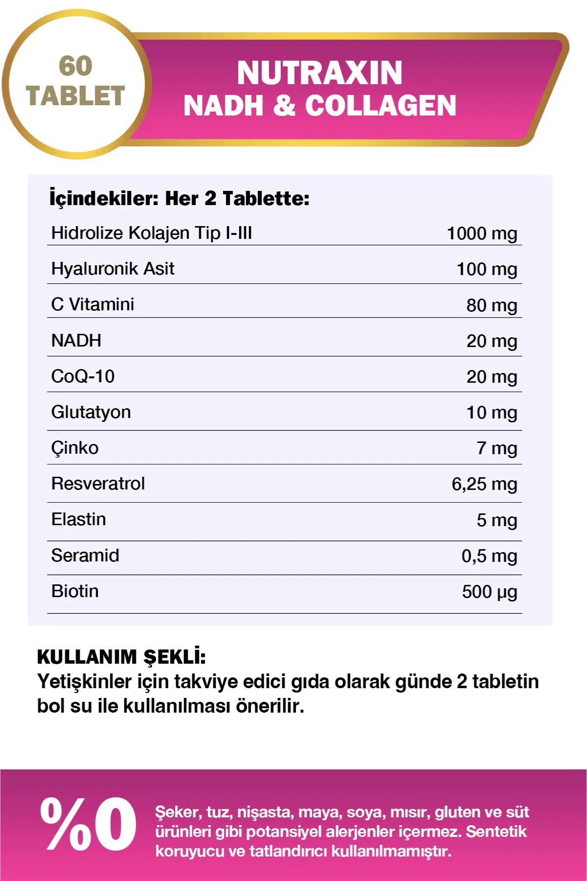 Nutraxin Nadh Collagen Collagen Takviye Edici Gıda 60 Tablet