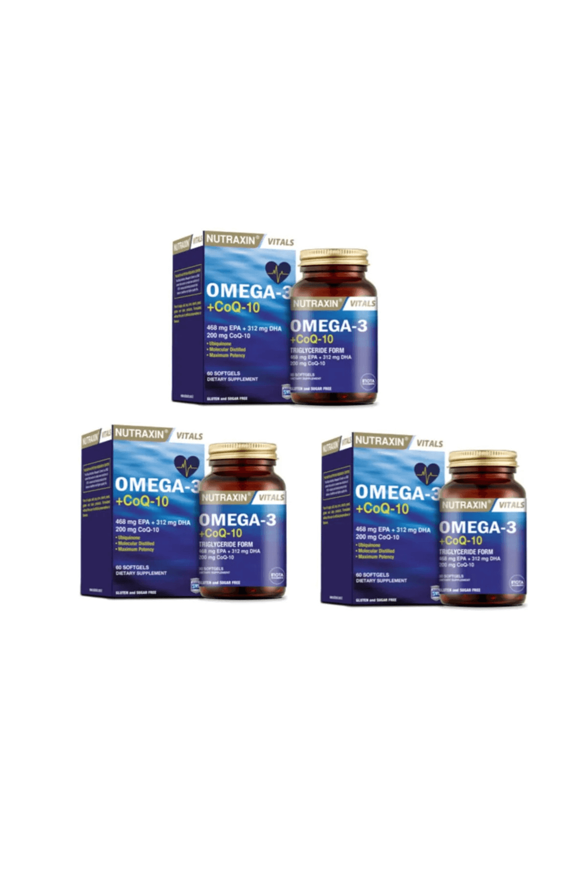 Nutraxin Omega-3+CoQ-10 468mg EPA + 312 MG DHA + 200mg CoQ-10 60softgels * 3 Adet