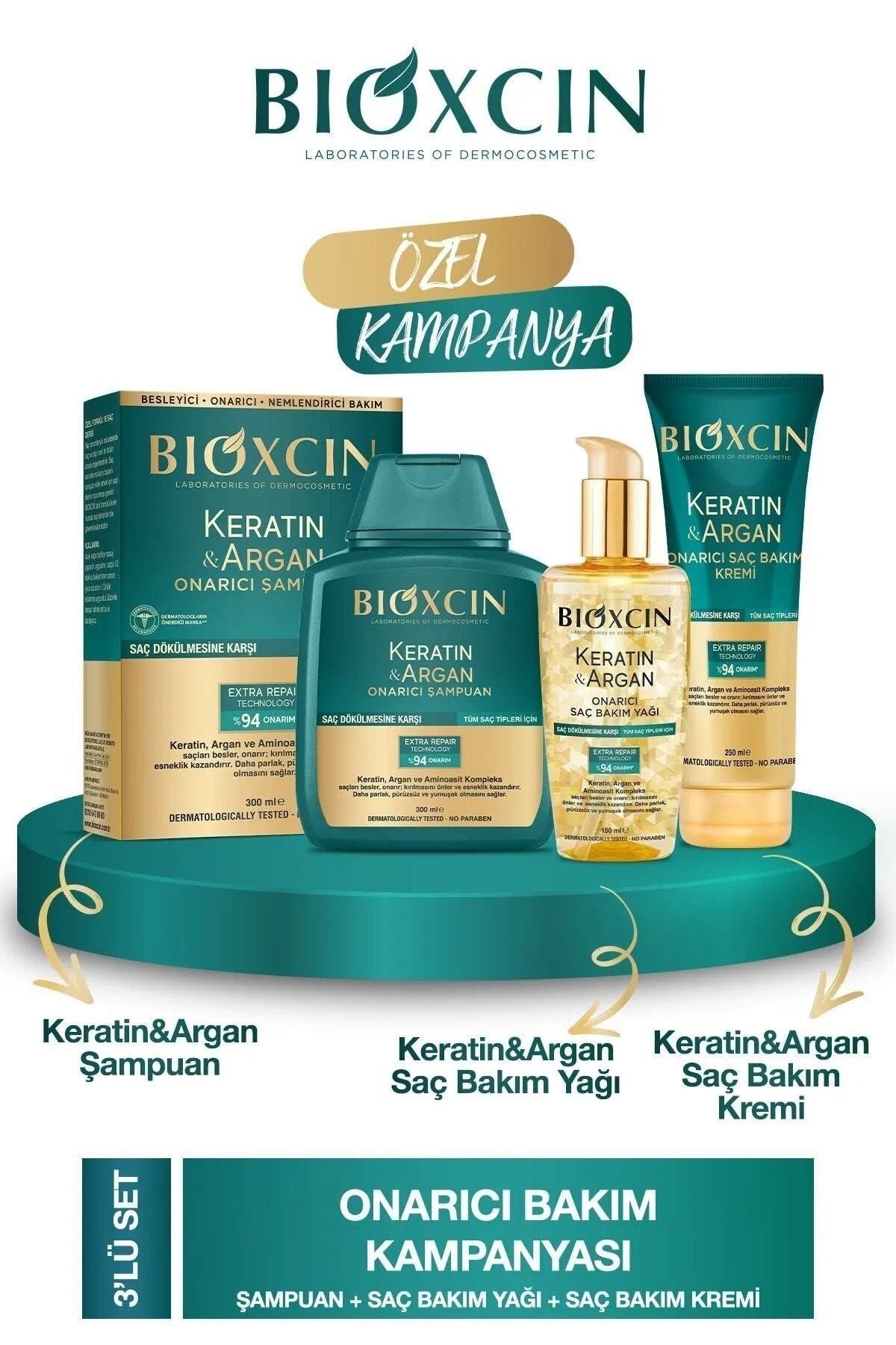 Bioxin Keratin & Argan Onarıcı Şampuan 300ml + Keratin Argan Saç Bakım Yağı + Saç Kremi