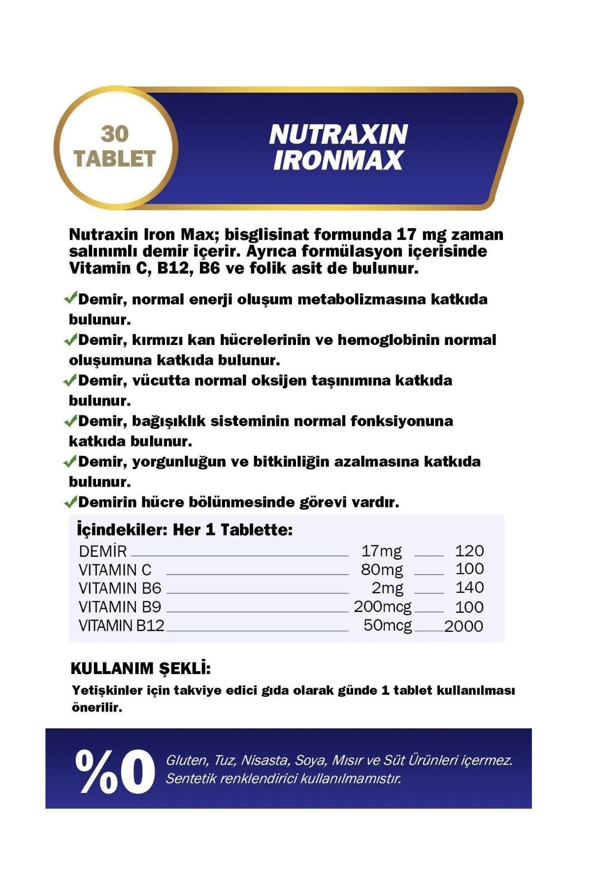 Nutraxin Iron Max (Demir, Vitamin C, B6, B12, Folik Asit) Takviye Edici Gıda 30 Tablet
