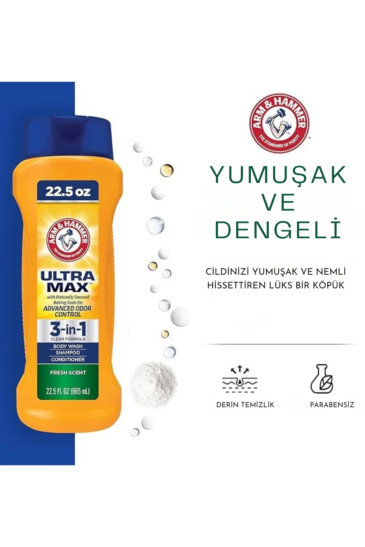 Arm & Hammer Ultra Max 3 in 1 Body Wash Shampoo Conditioner Fresh Scent (Şampuan Saç Kremi Vücut Yıkama ) 665ml