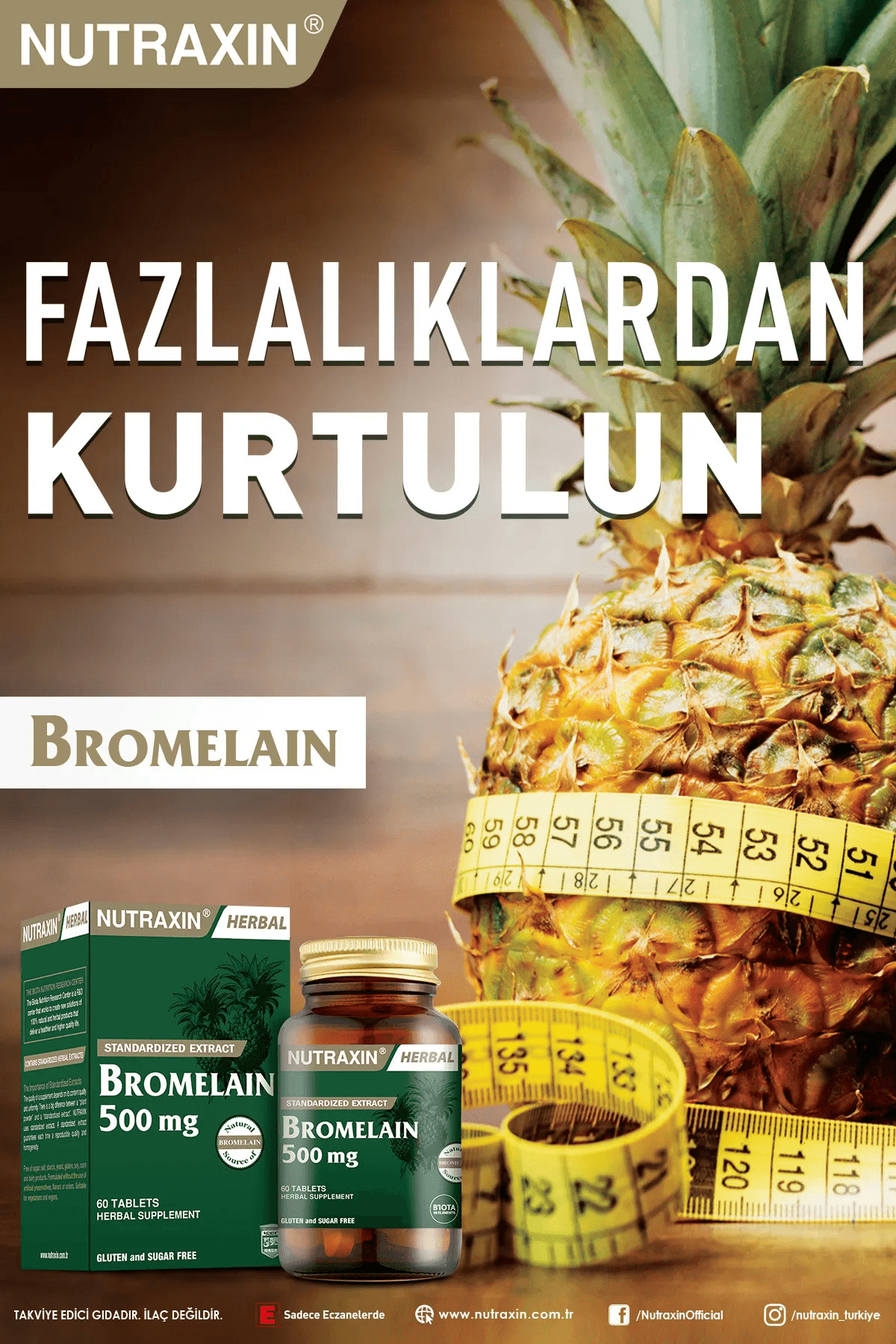 Nutraxin Bromelain 500 mg 60 Tablet  x 3 Adet