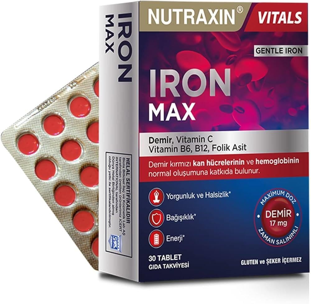 Nutraxin Iron Max (Demir, Vitamin C, B6, B12, Folik Asit) Takviye Edici Gıda 30 Tablet