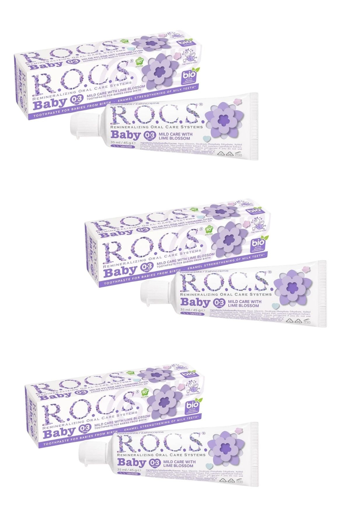 ROCS Baby  0-3 Yaş Diş Macunu Florürsüz (Yutulabilir) - Ihlamur Özlü 35ml (3 Adet)