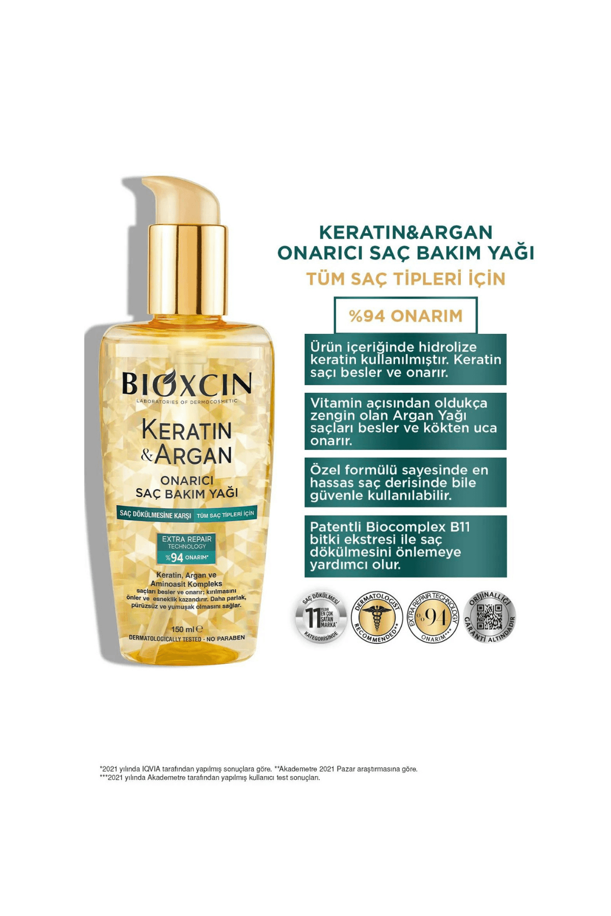 Bioxcin Keratin ve Argan Onarıcı Saç Bakım Yağı 150 ml