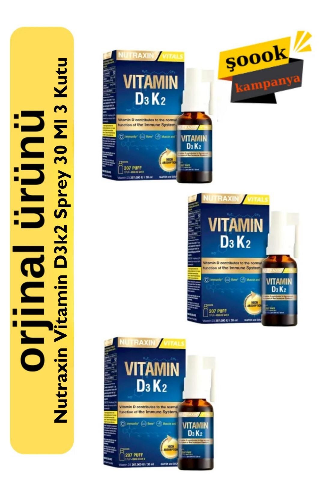 Nutraxin D3K2 - Gıda Takviyesi Sprey (207 Puf) 30ml 3'lü Paket