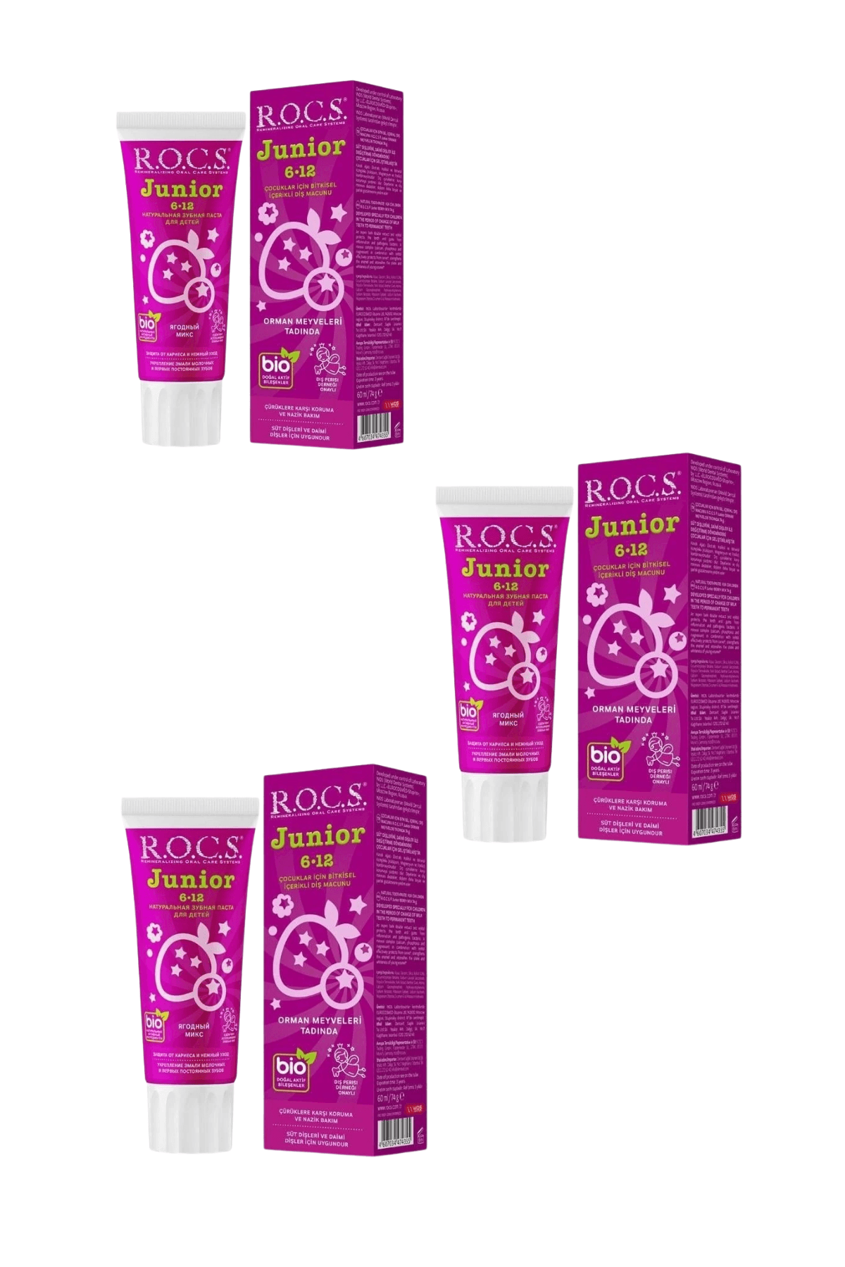 ROCS Junior 6-12 Yaş Diş Macunu Florürsüz (Yutulabilir) - Orman Meyveli 60ml x 3 Adet