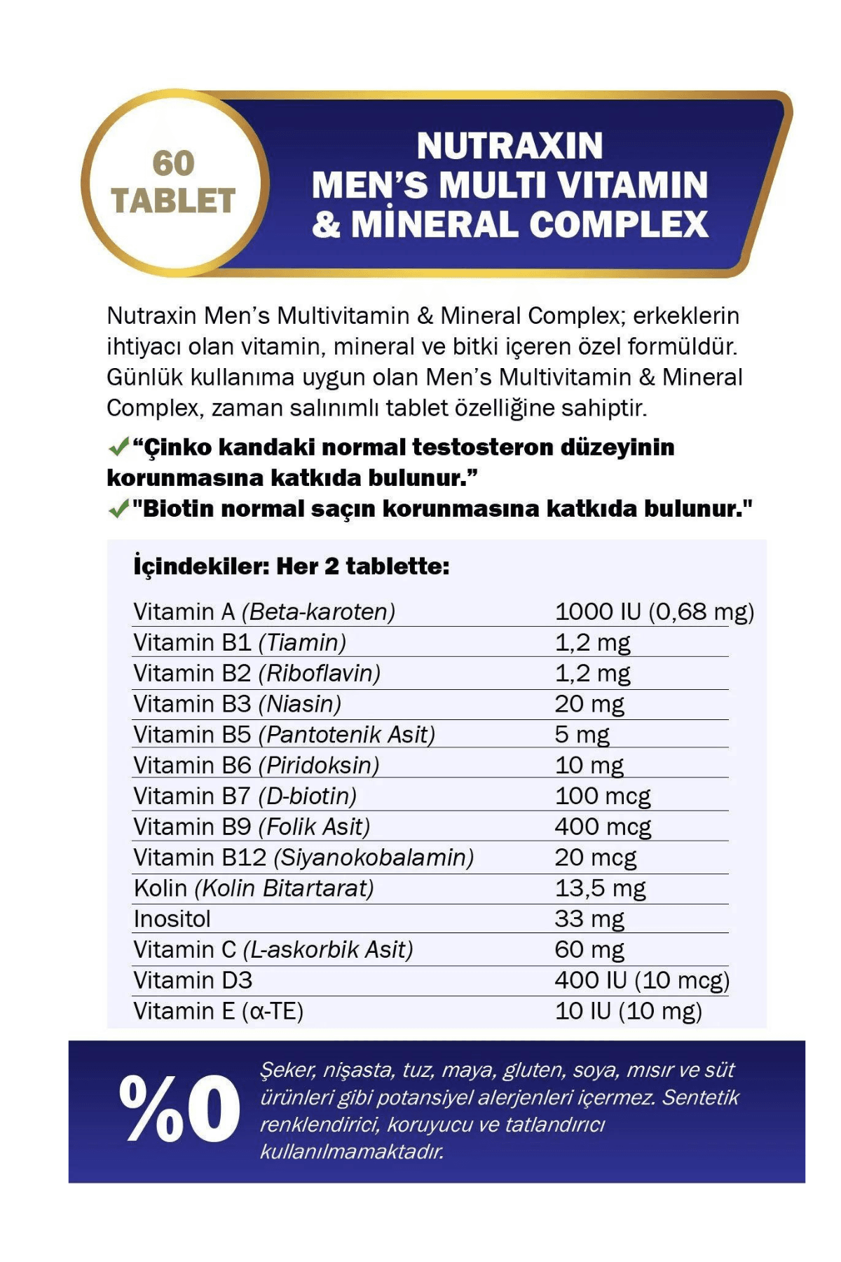 Nutraxin Multivitamin Mineral Complex Men's (Erkek) 2. % 50 İndirimli Avantaj Paketi 120 Tablet