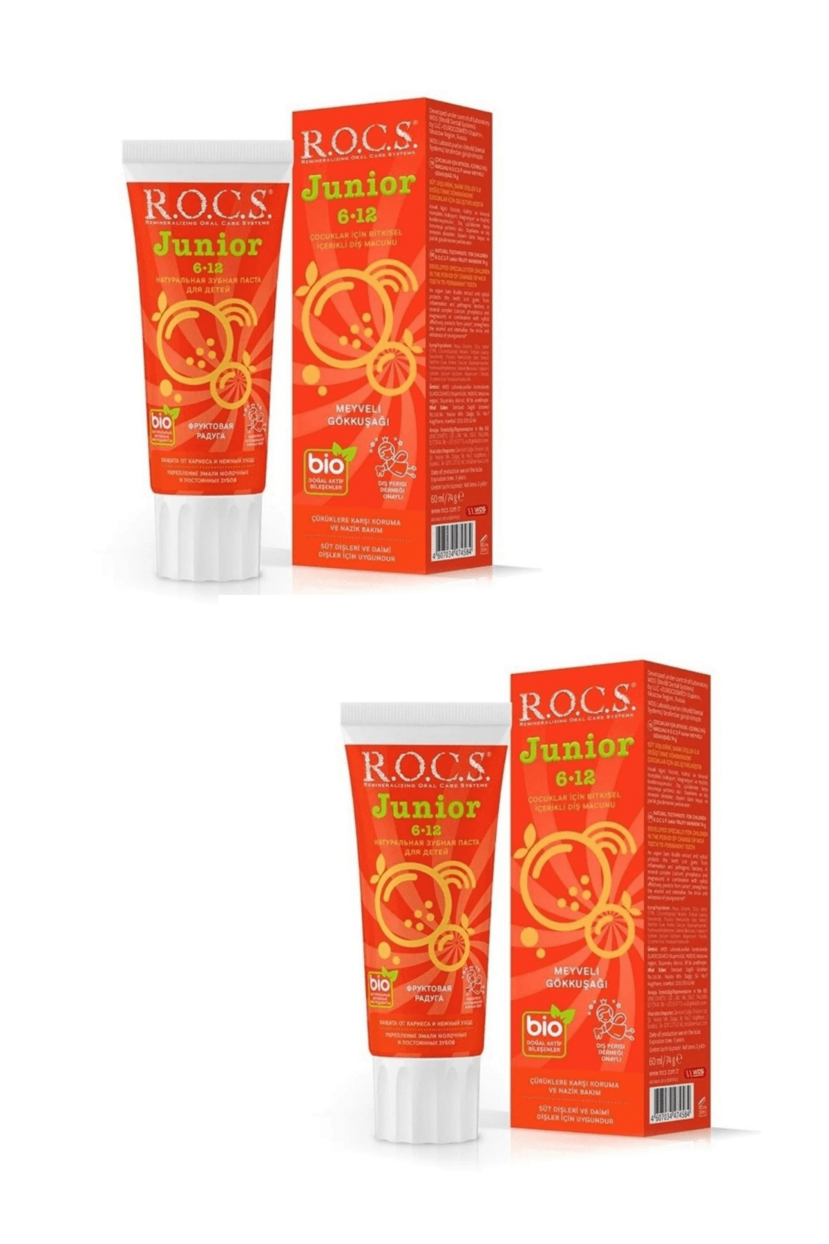 ROCS Junior 6-12 Yaş Diş Macunu Florürsüz (Yutulabilir) - Gökkuşağı 60ml x 2 Adet