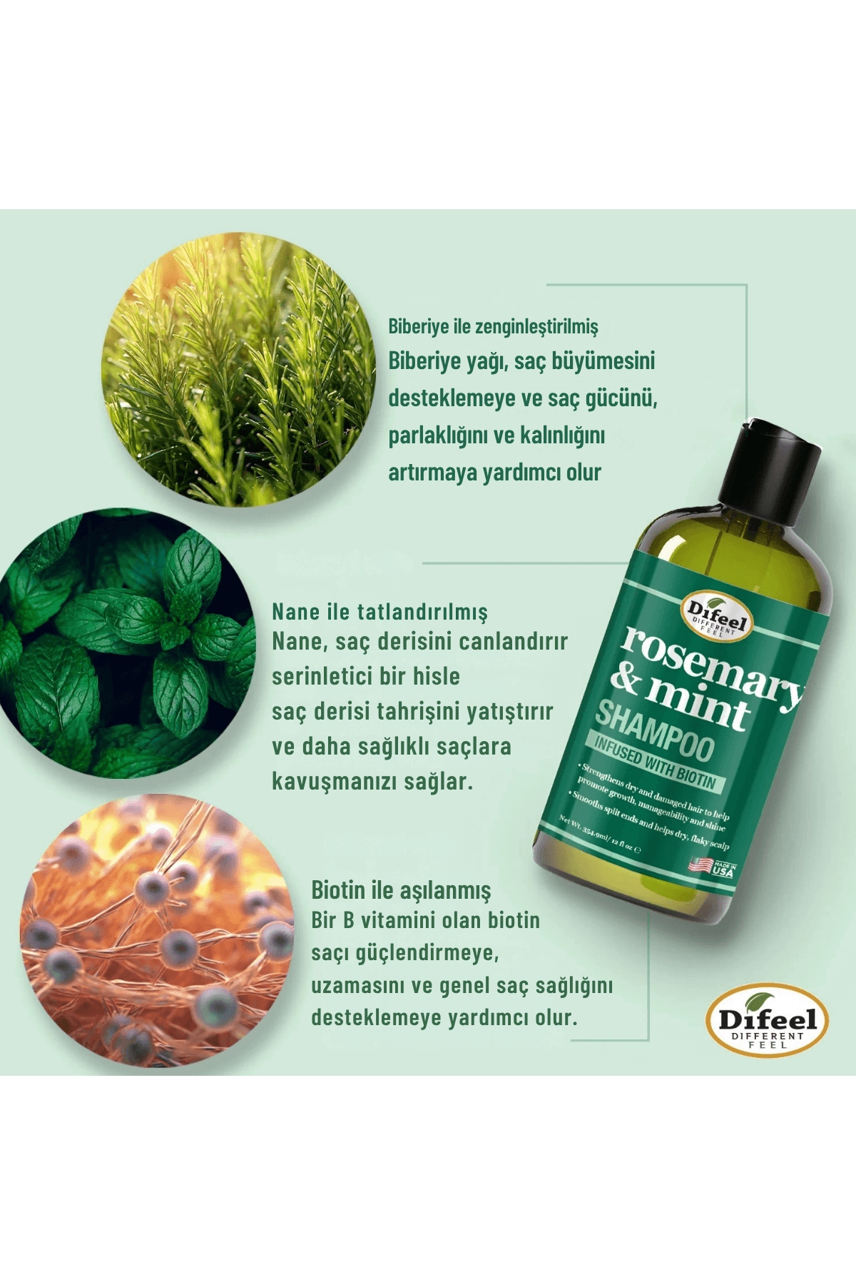 Difeel Rosemary & Mint Shampoo (Biberiye ve Nane Saç Güçlendirici Şampuan Biotinli) 354,9ml