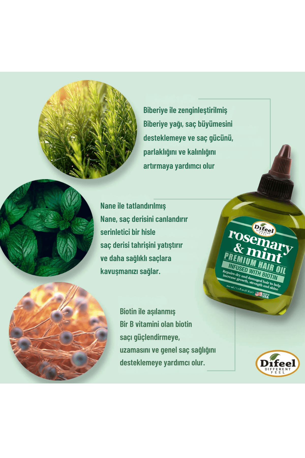 Difeel Rosemary & Mint Premium Hair Oil (Biberiye ve Nane Premium Saç Yağı Biotinli) 75ml