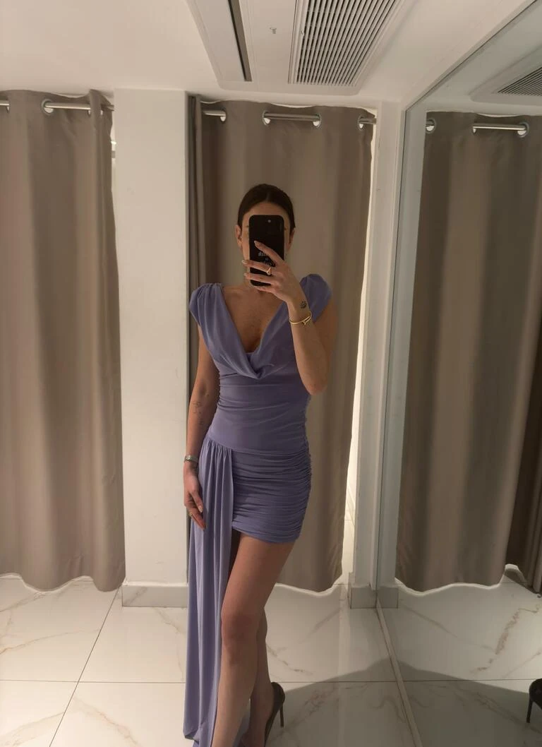 Lila Degaje Yaka Drapeli Asimetrik Uzun Drape Detaylı Mini Elbise