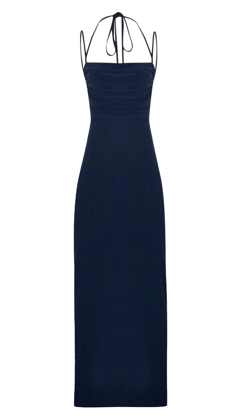 Lacivert İnce Çift Askılı Arkadan Yırtmaç Detaylı Uzun Elbise