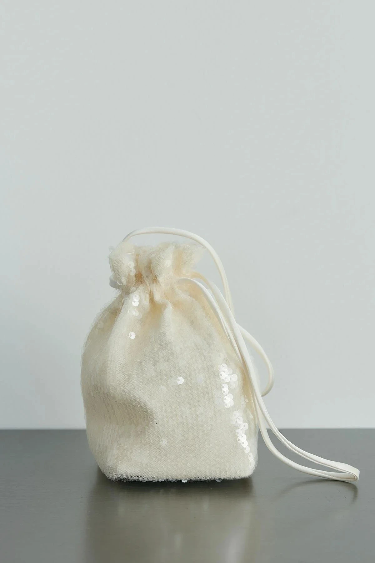 Ekru Payetli Mini Kese Çanta