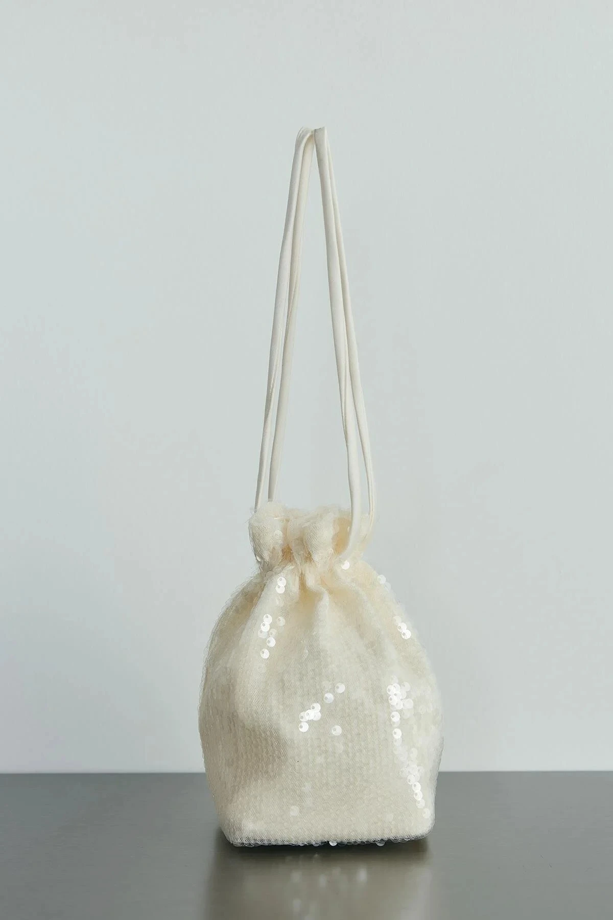 Ekru Payetli Mini Kese Çanta