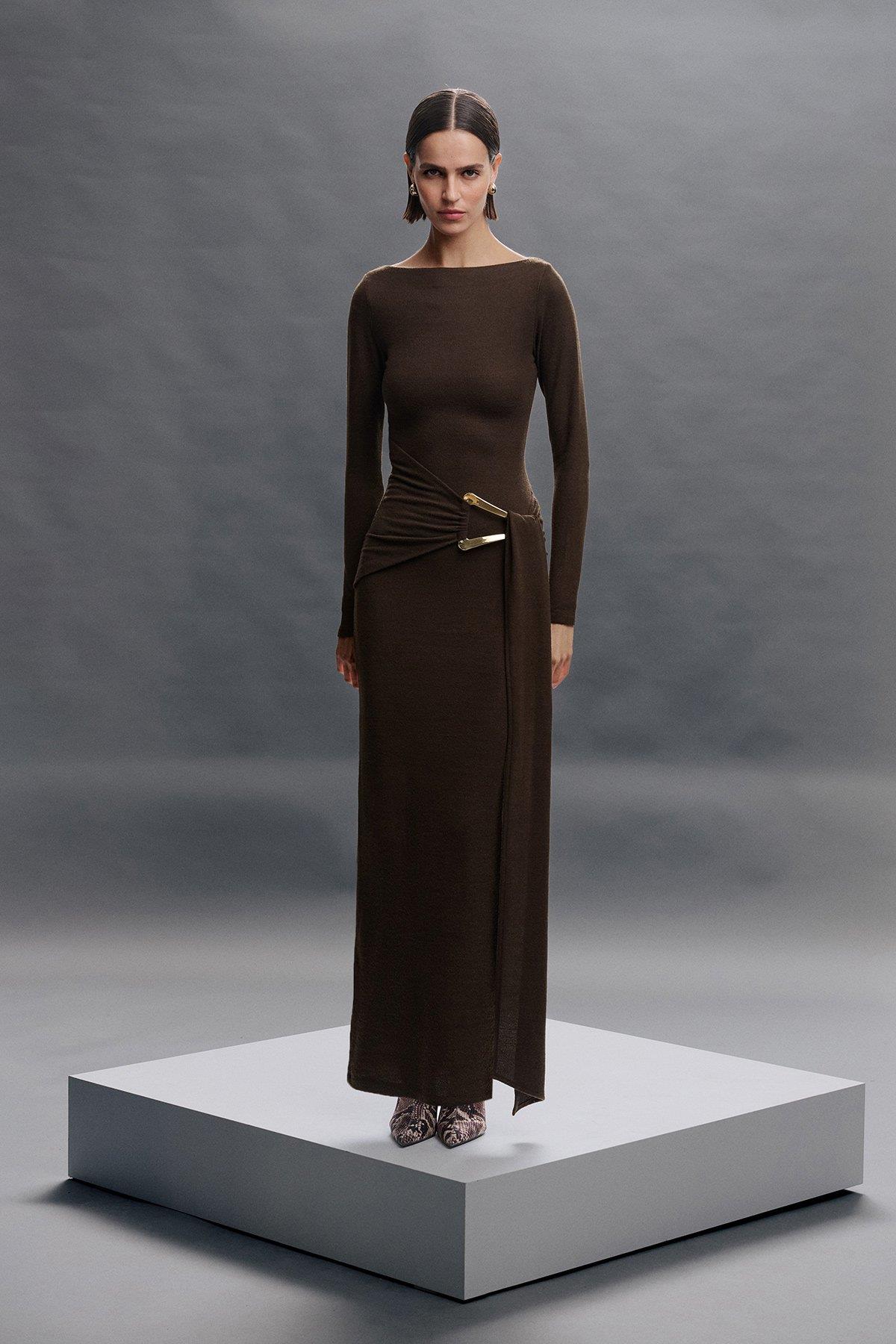 Düğüm detaylı triko elbise kahve