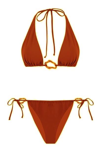 Aksesuarlı Kahverengi Uzun Üçgen Bikini Takım