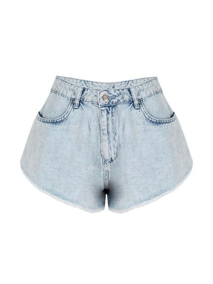 Püskül Detaylı Bol Kesim Mini Jean Şort - Mavi
