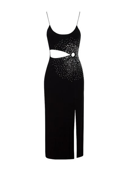 Cut Out Halka Detaylı Askılı Midi Kristal Taşlı Elbise - Siyah