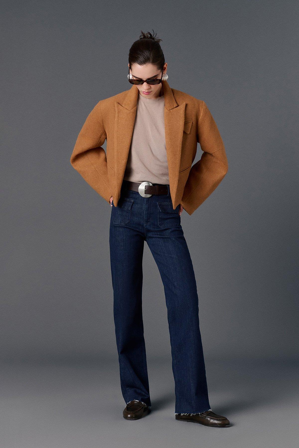 Cep detaylı oversize kaşe crop ceket HARDAL