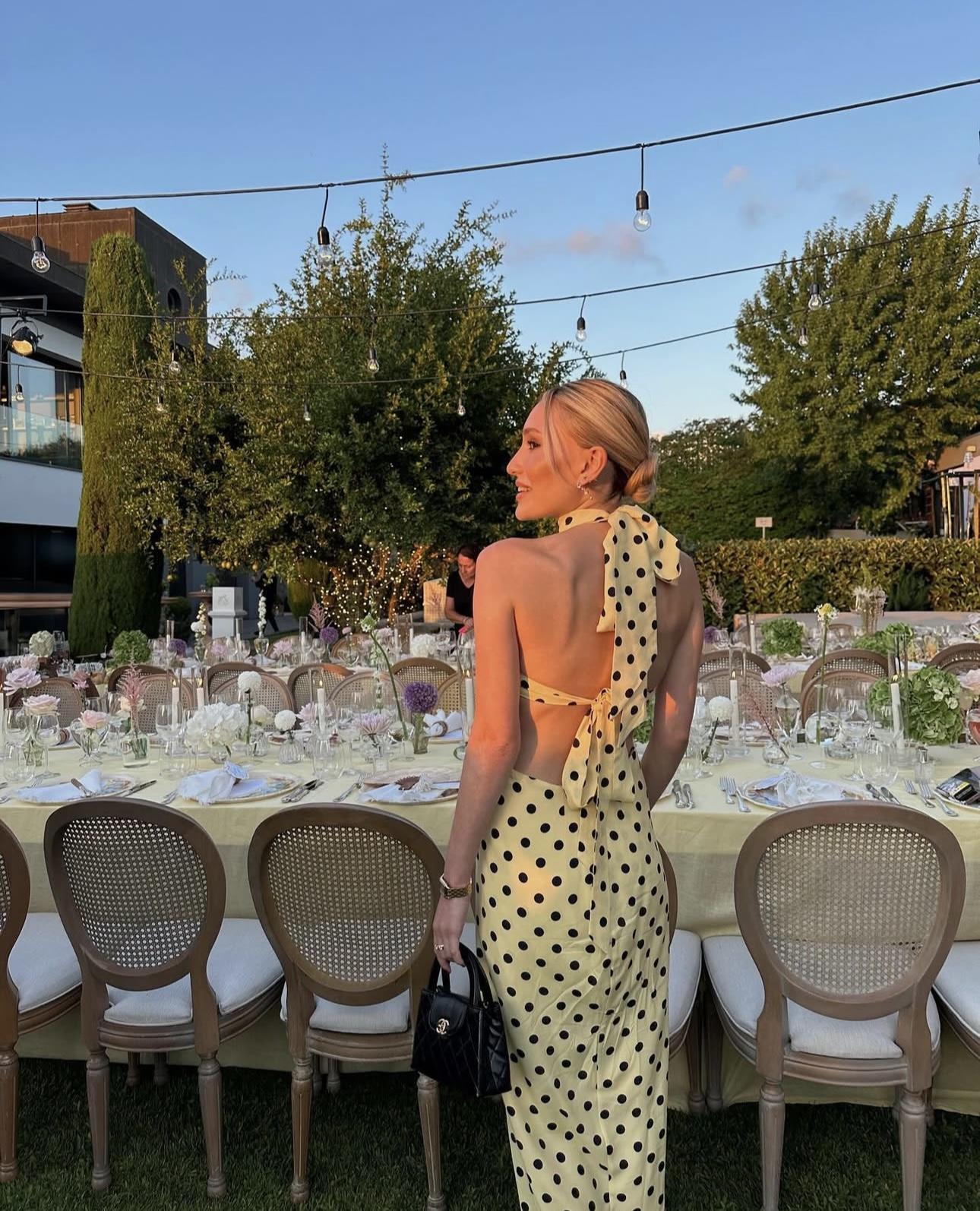 HIGH NECK CUT OUT DETAILED POLKA DOT DRESS GOWN