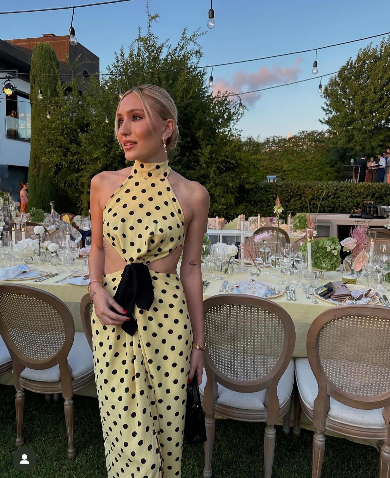 HIGH NECK CUT OUT DETAILED POLKA DOT DRESS GOWN