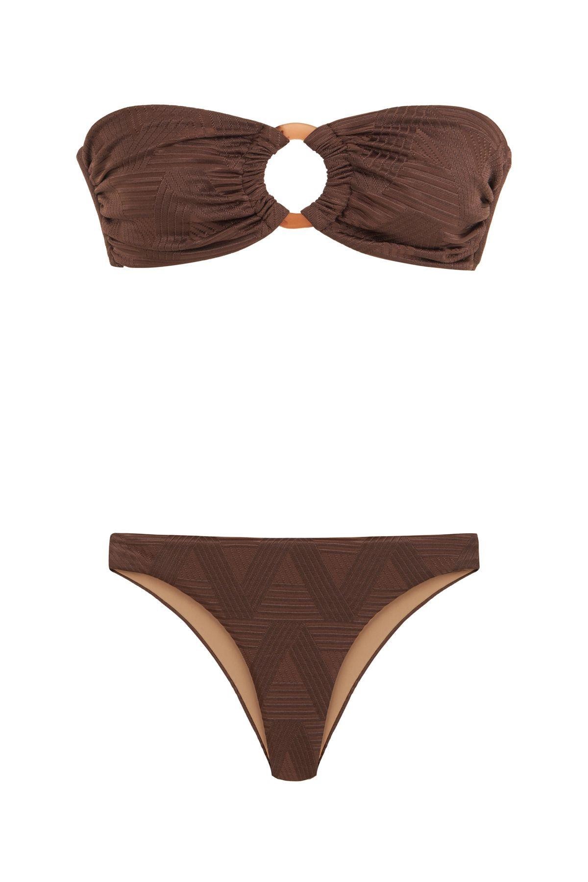 Aksesuarlı Dokulu Kahverengi Straplez Bikini Takım - 242-1019