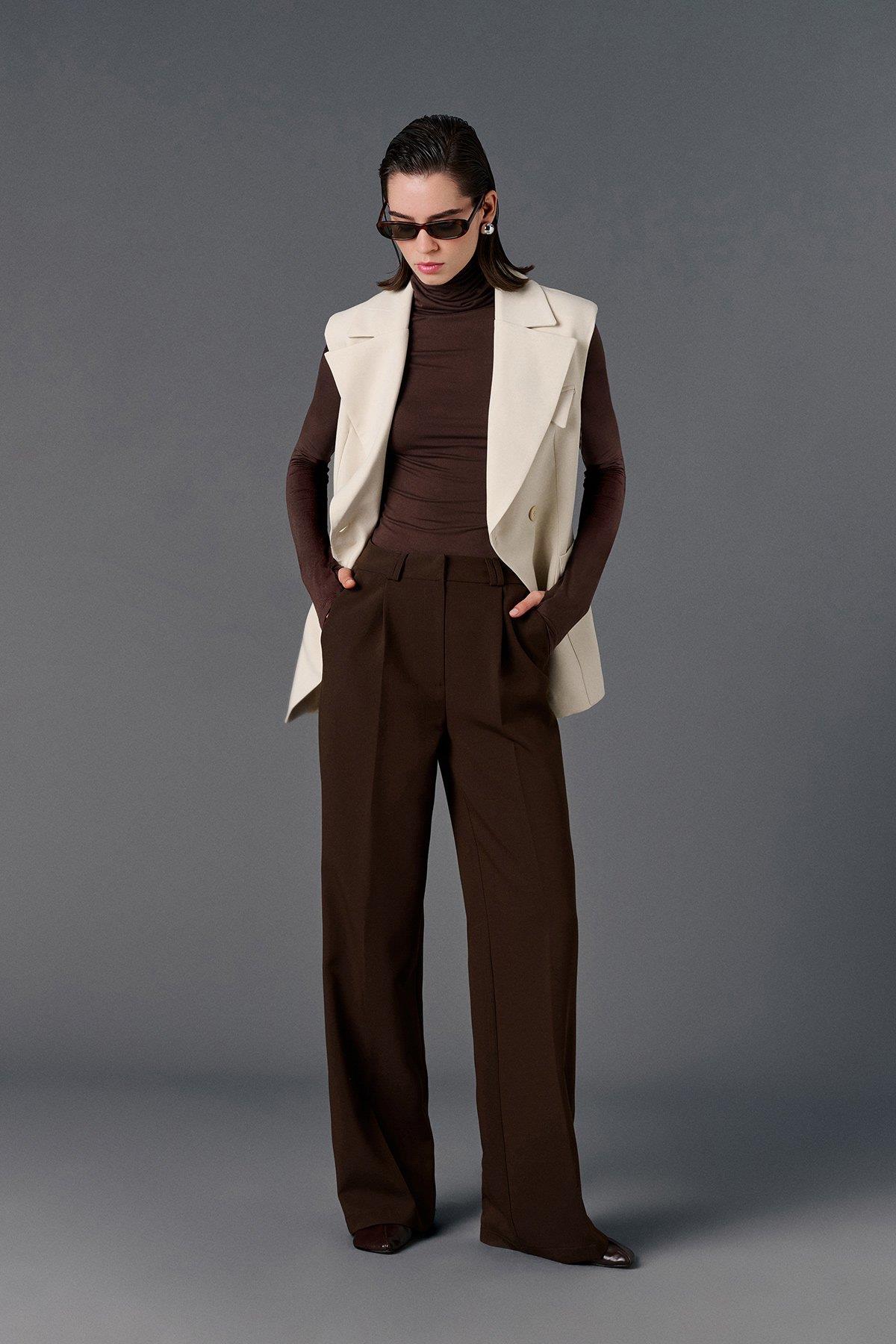 Wide leg yüksek bel pantolon kahve
