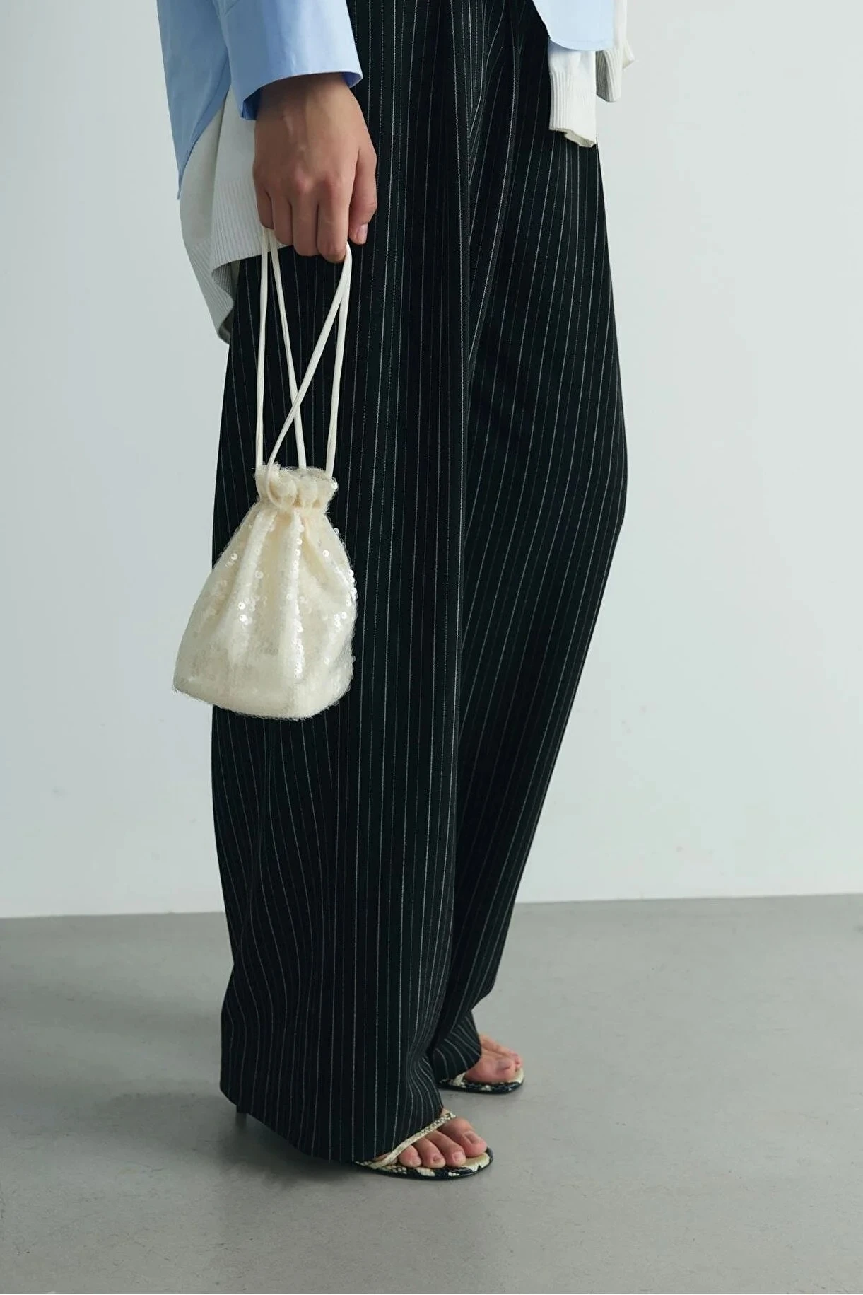 Ekru Payetli Mini Kese Çanta