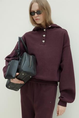 Mürdüm Gala Düğmeli Oversize Sweatshirt