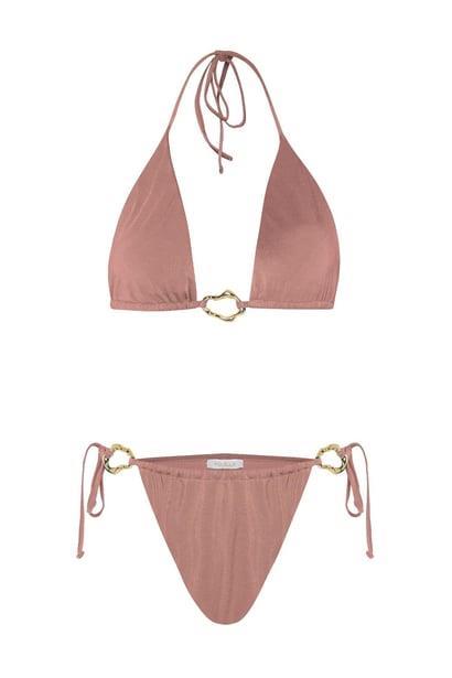Aksesuarlı Koyu Kahverengi Uzun Üçgen Bikini Takım