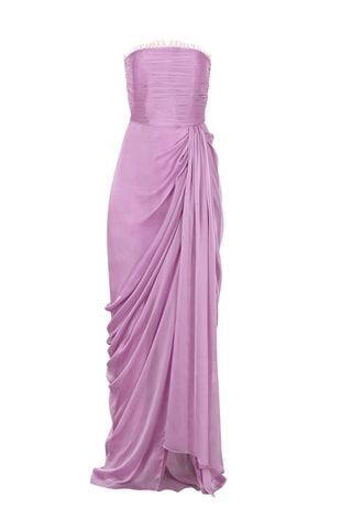 LACE-TRIMMED DREAPED CHIFFOND DRESS PINK