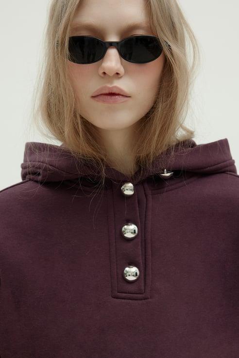 Mürdüm Gala Düğmeli Oversize Sweatshirt