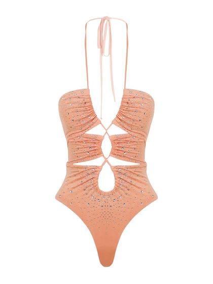 ASKILI DEKOLTELİ KRISTAL TAŞLI BODY - ORANJ